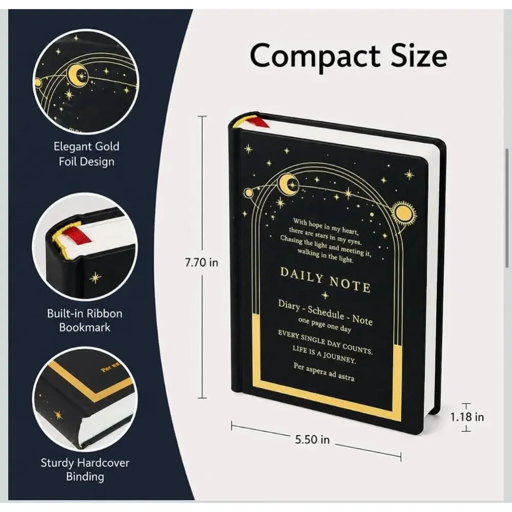 Undated Daily Planner A6 Black Gold Celestial Hourly Schedule Diary Goal Tracker